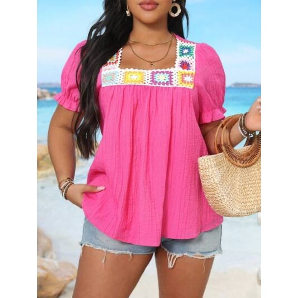 (CL) Shein Hot Pink‎ Crochet Granny Square Trim Blouse Top 4XL 20 Boho Summer